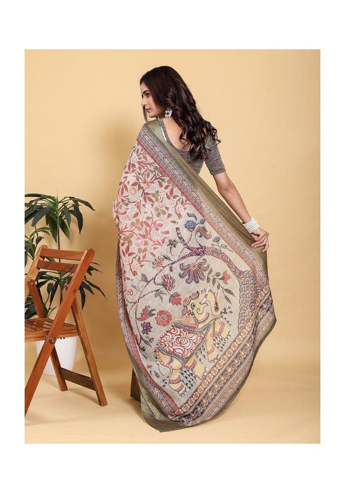 Malishka Export ساري كالمكاري مطبوع باللون البيج الأنيق للنساء - Image 5